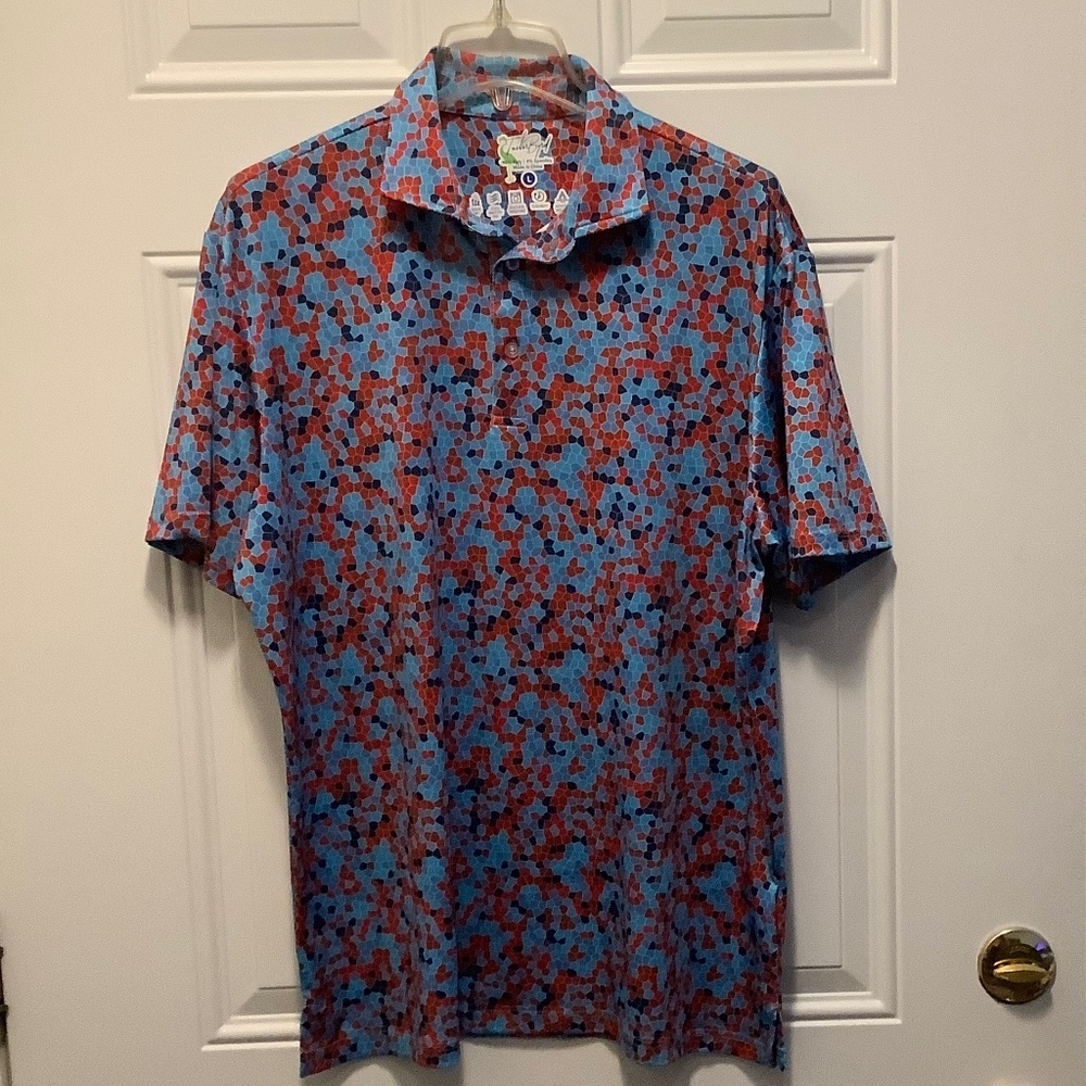 TailorByrd Golf Polo Men’s Large Examine for imperfection Blue Red Geometric